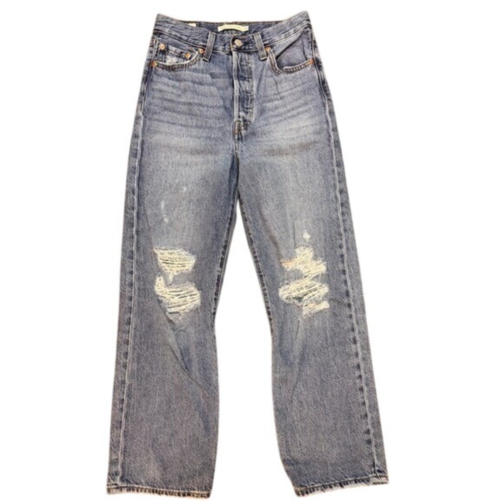 Levis Ribcage Straight Ankle Jeans Womens 24 Distressed High Rise Blue